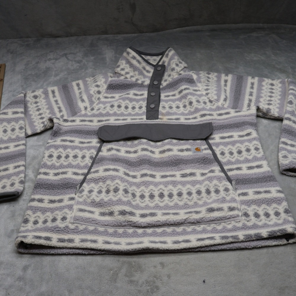 Carhartt Sweater Women Large 12/14 White Fleece Pullover Aztec 1/4 Snap OJ4991-W